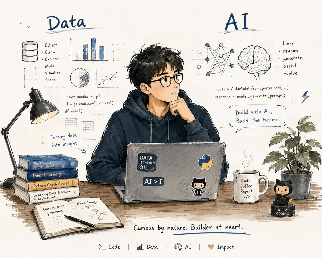 水彩风格自画像：戴眼镜的男生坐在书桌前，桌上有笔记本电脑、Deep Learning / Python Crash Course / DDIA 等书、GitHub 马克杯，画面两侧写着 Data 与 AI，下方写着 Curious by nature. Builder at heart.